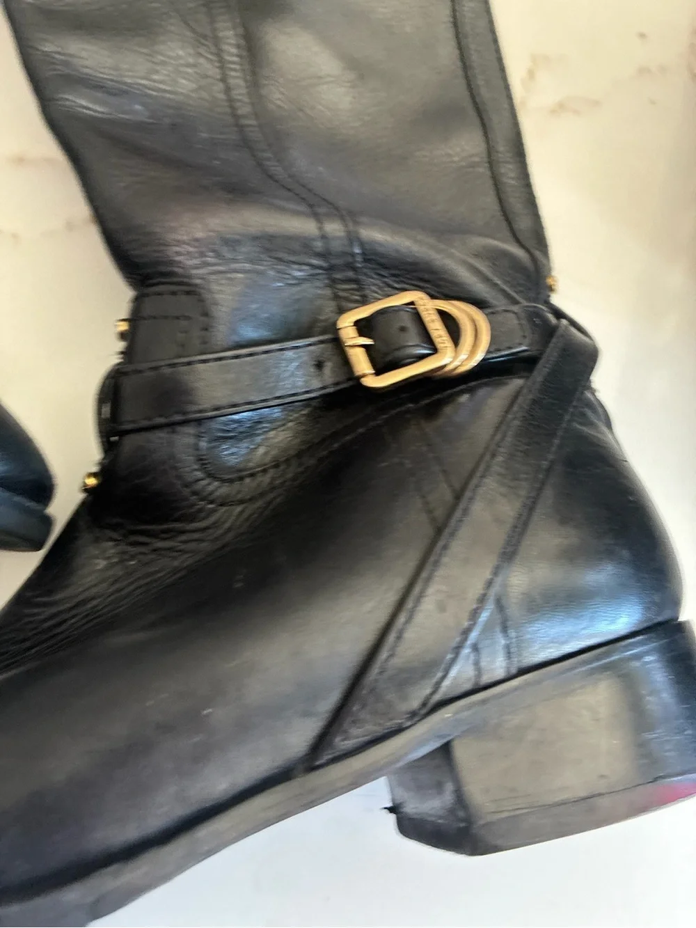 Tory Burch Black Leather Knee-High riding Boots with Gold Logo Accents